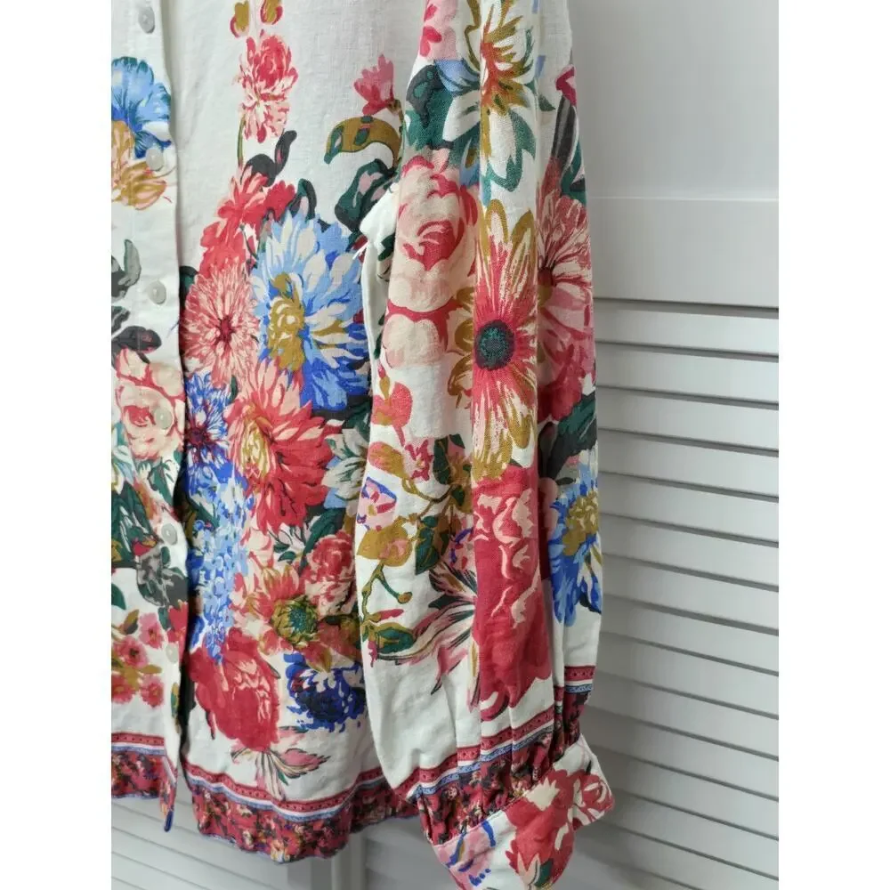 Cynthia Rowley Floral Print Shirt Blouse Women Sz 1X Long Sleeve top Linen Blend
